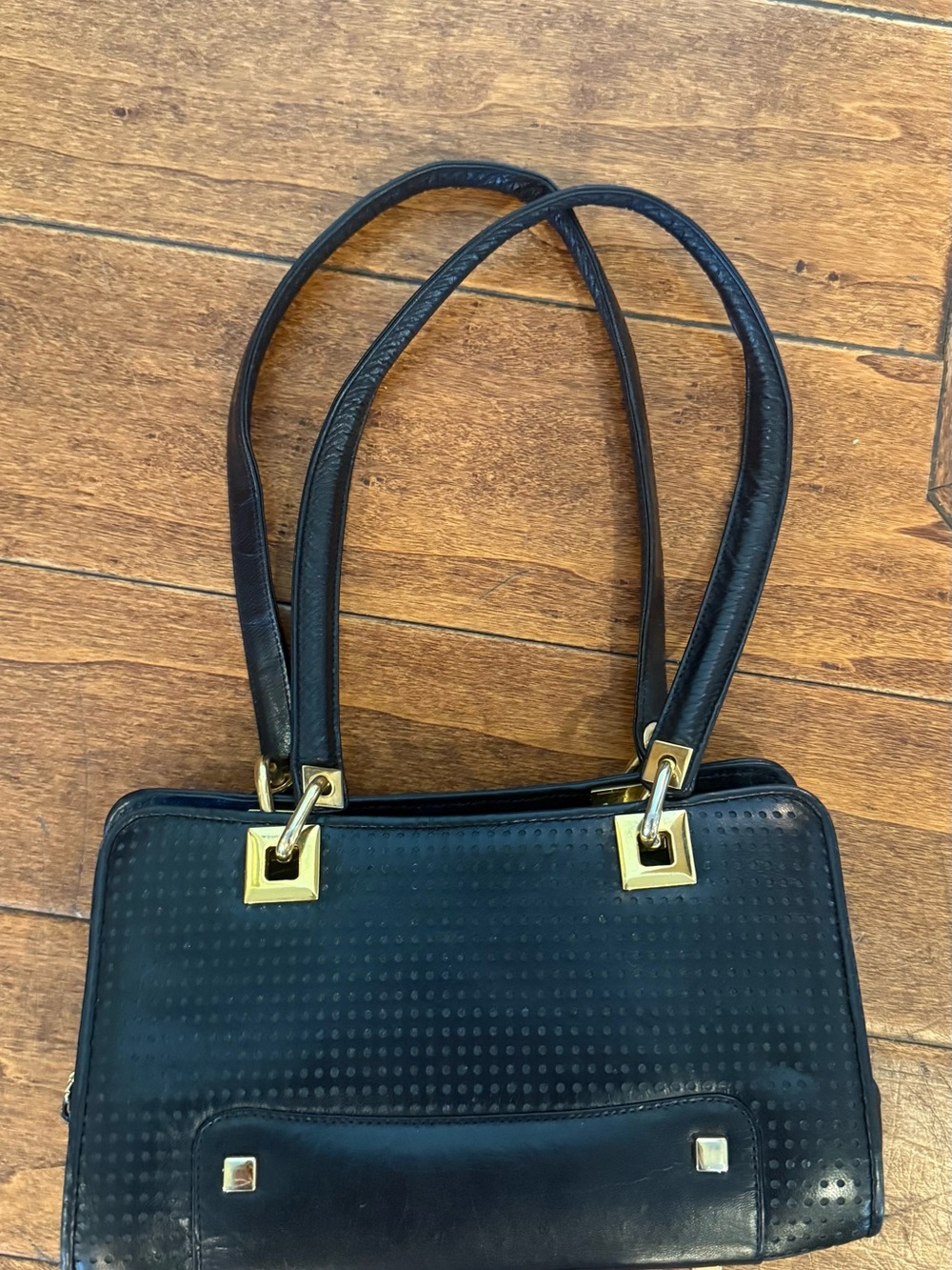 Stuart Weitzman Black Perforated Leather Shoulder Bag with Gold Hardware